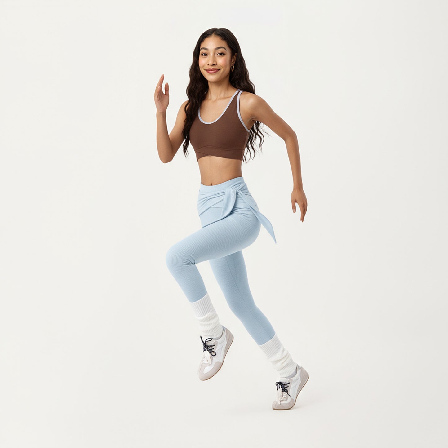 Ribbed Knit High Waist Leggings with Wrap Tie Waistband and Contrast Cuffed Hem