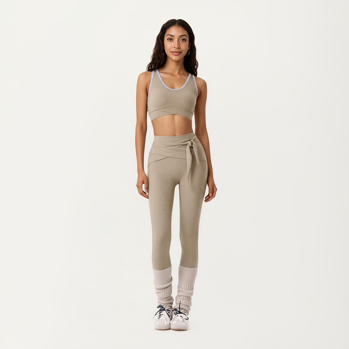Ribbed Knit High Waist Leggings with Wrap Tie Waistband and Contrast Cuffed Hem