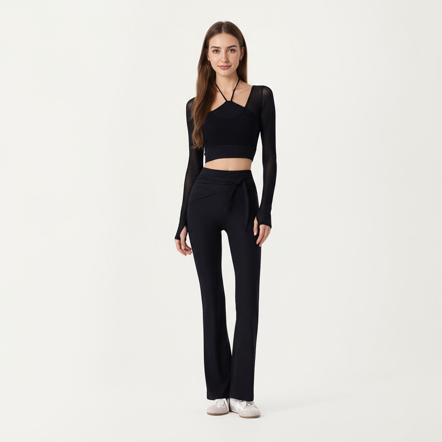 Ribbed Knit Flare Pants with Wrap Tie Waistband and High Waist Silhouette