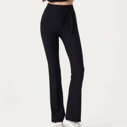 Ribbed Knit Flare Pants with Wrap Tie Waistband and High Waist Silhouette