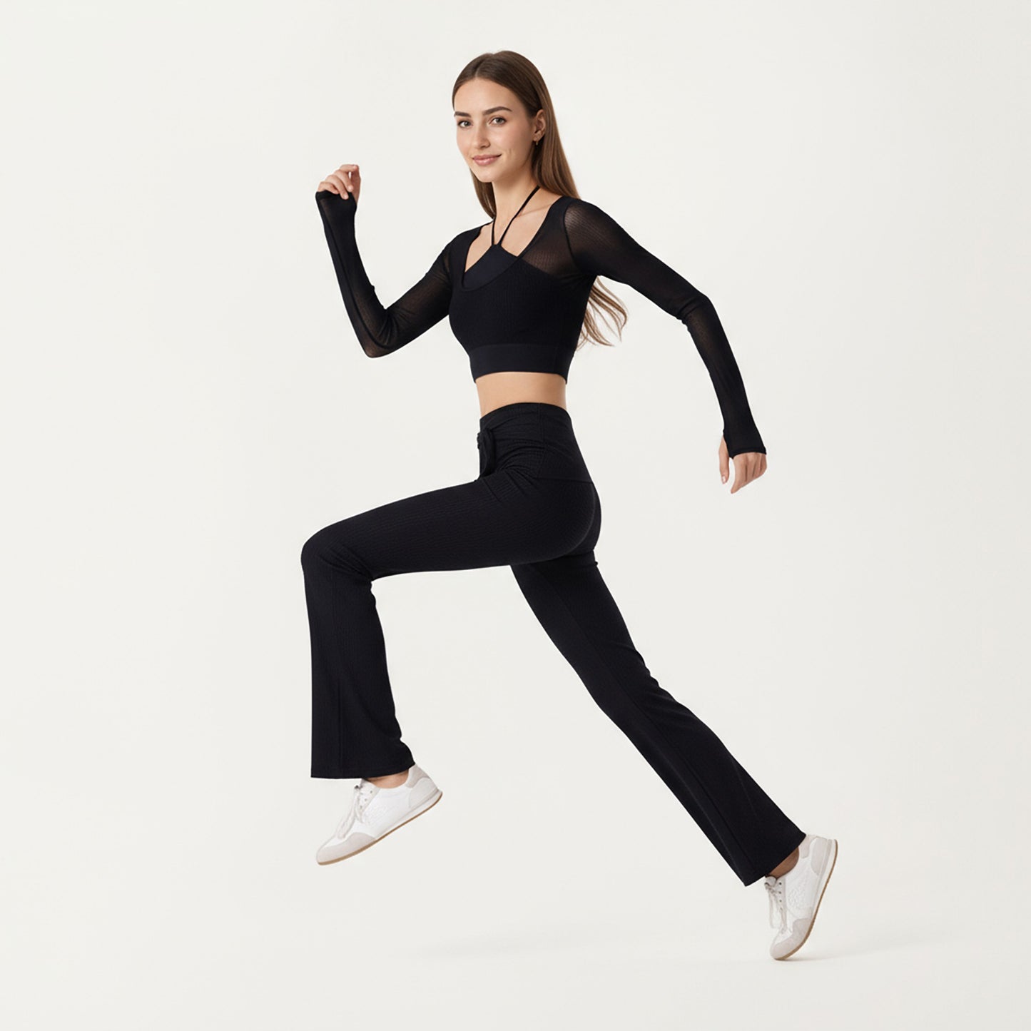Ribbed Knit Flare Pants with Wrap Tie Waistband and High Waist Silhouette