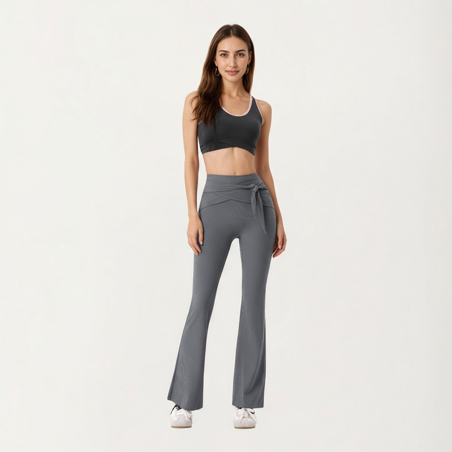Ribbed Knit Flare Pants with Wrap Tie Waistband and High Waist Silhouette