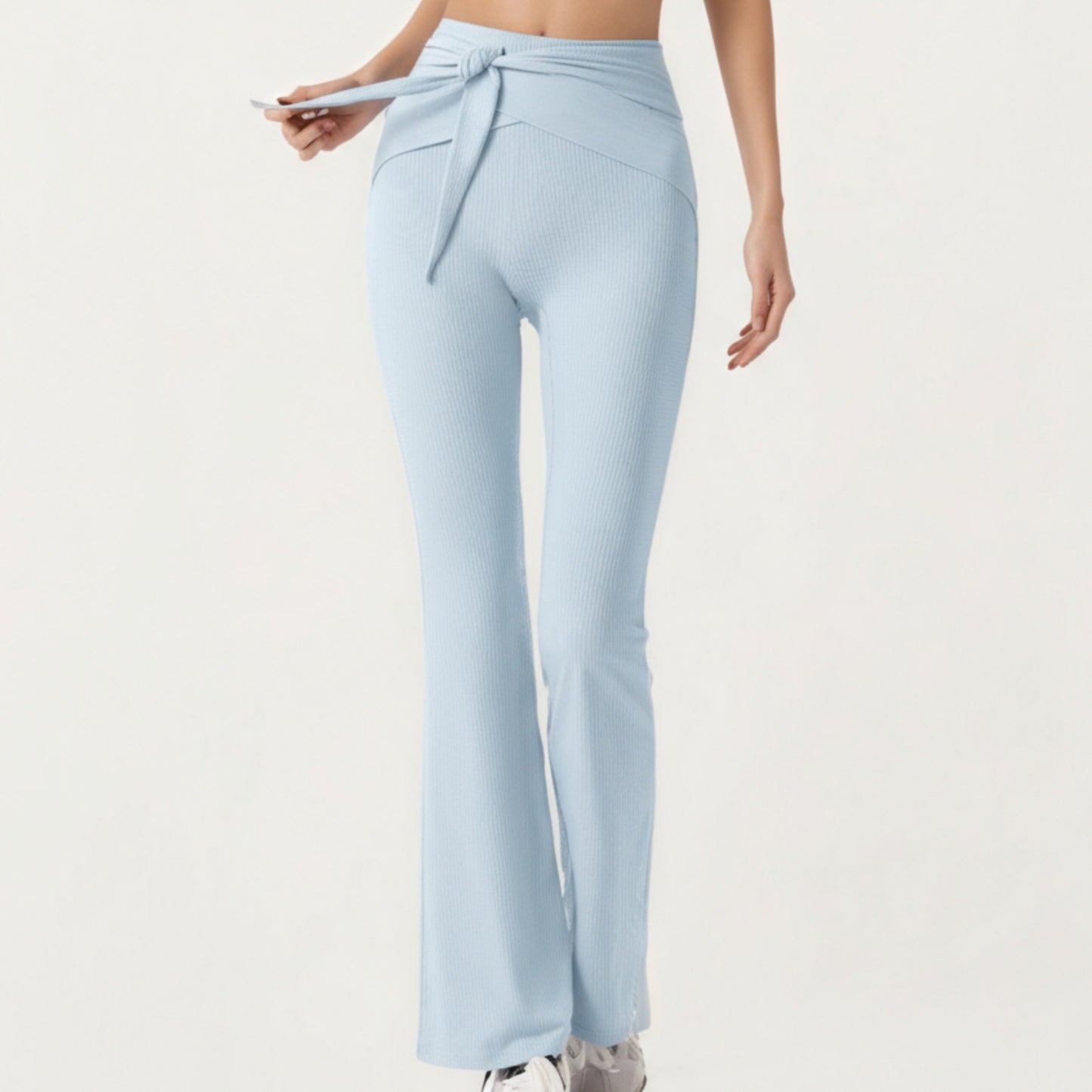 Ribbed Knit Flare Pants with Wrap Tie Waistband and High Waist Silhouette