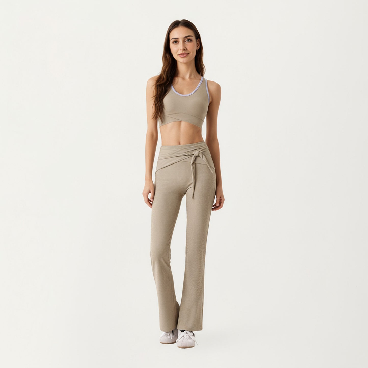 Ribbed Knit Flare Pants with Wrap Tie Waistband and High Waist Silhouette