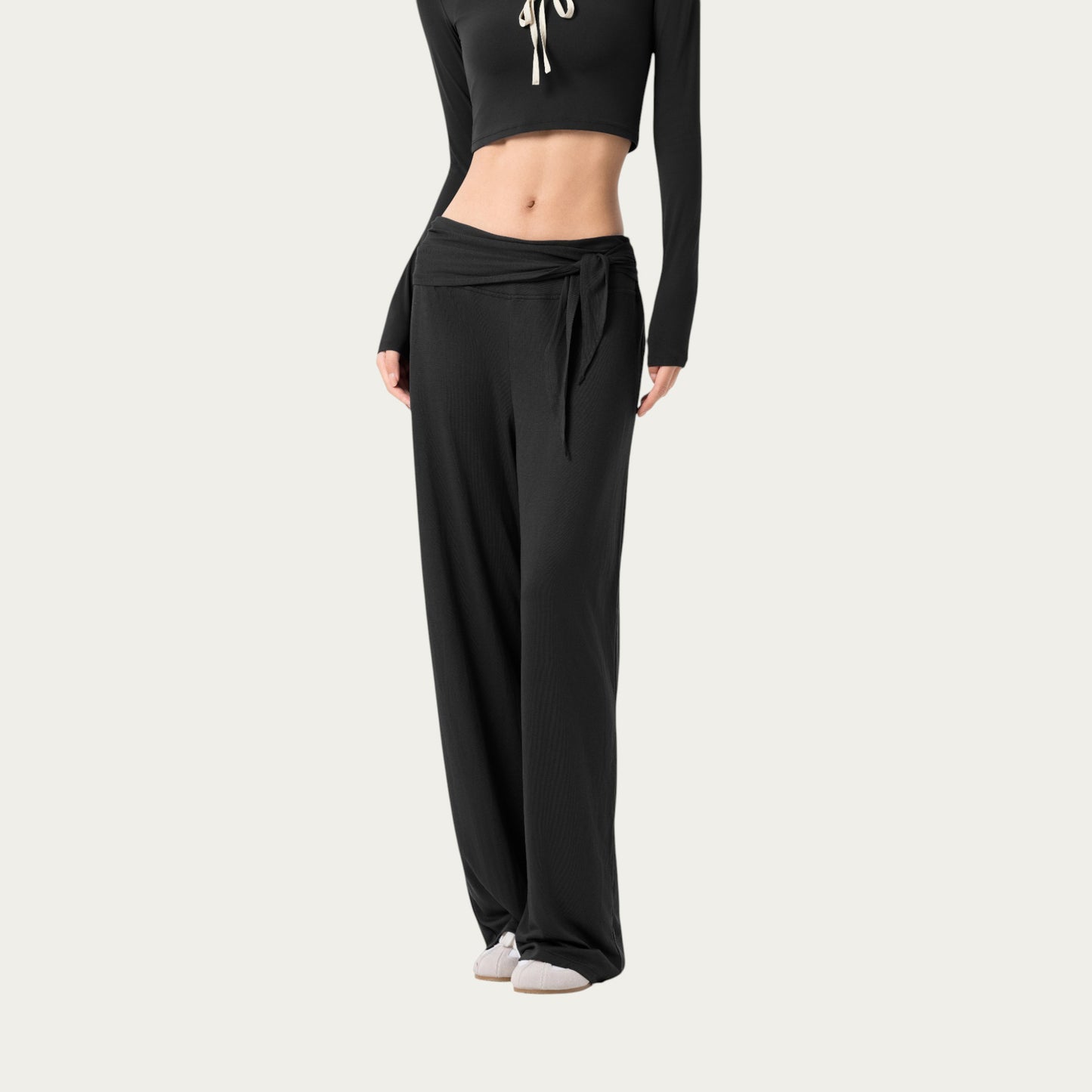 Wide Leg Lounge Pants with Wrap Tie Waistband and Relaxed High Waist Fit