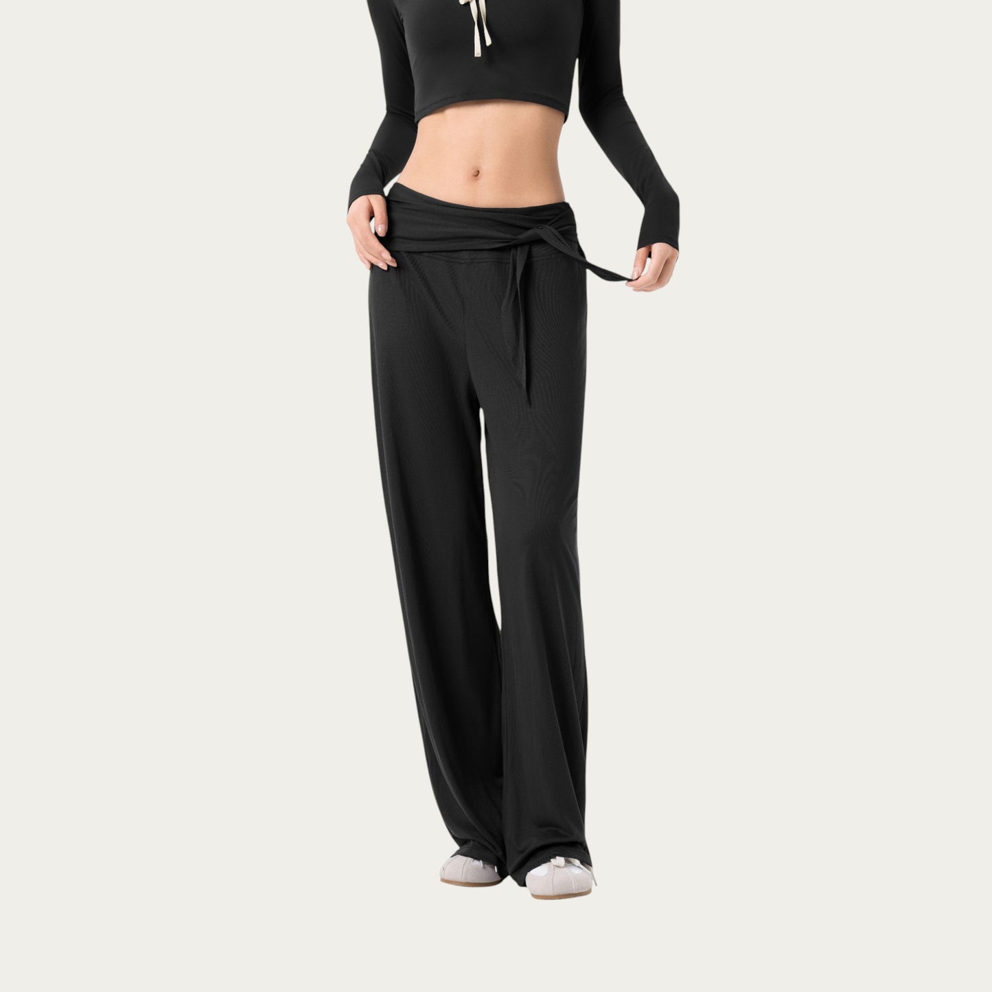 Wide Leg Lounge Pants with Wrap Tie Waistband and Relaxed High Waist Fit