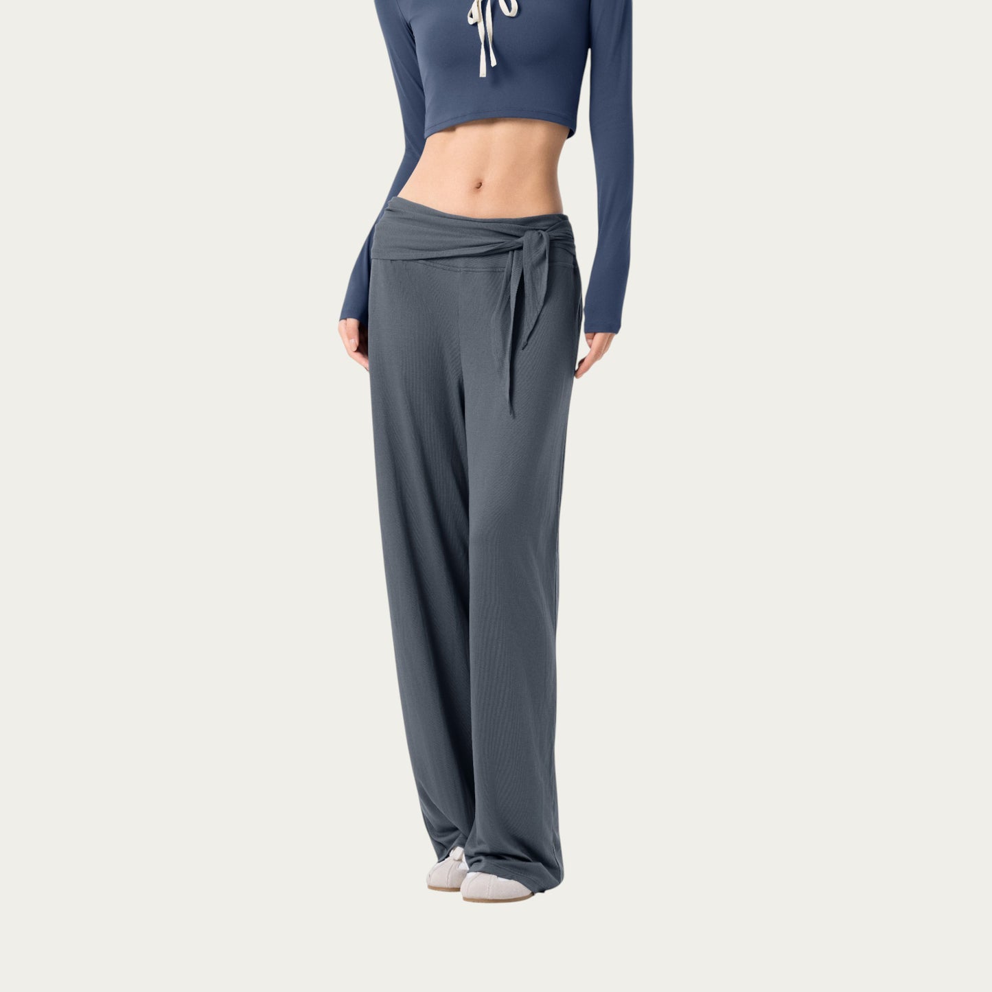 Wide Leg Lounge Pants with Wrap Tie Waistband and Relaxed High Waist Fit