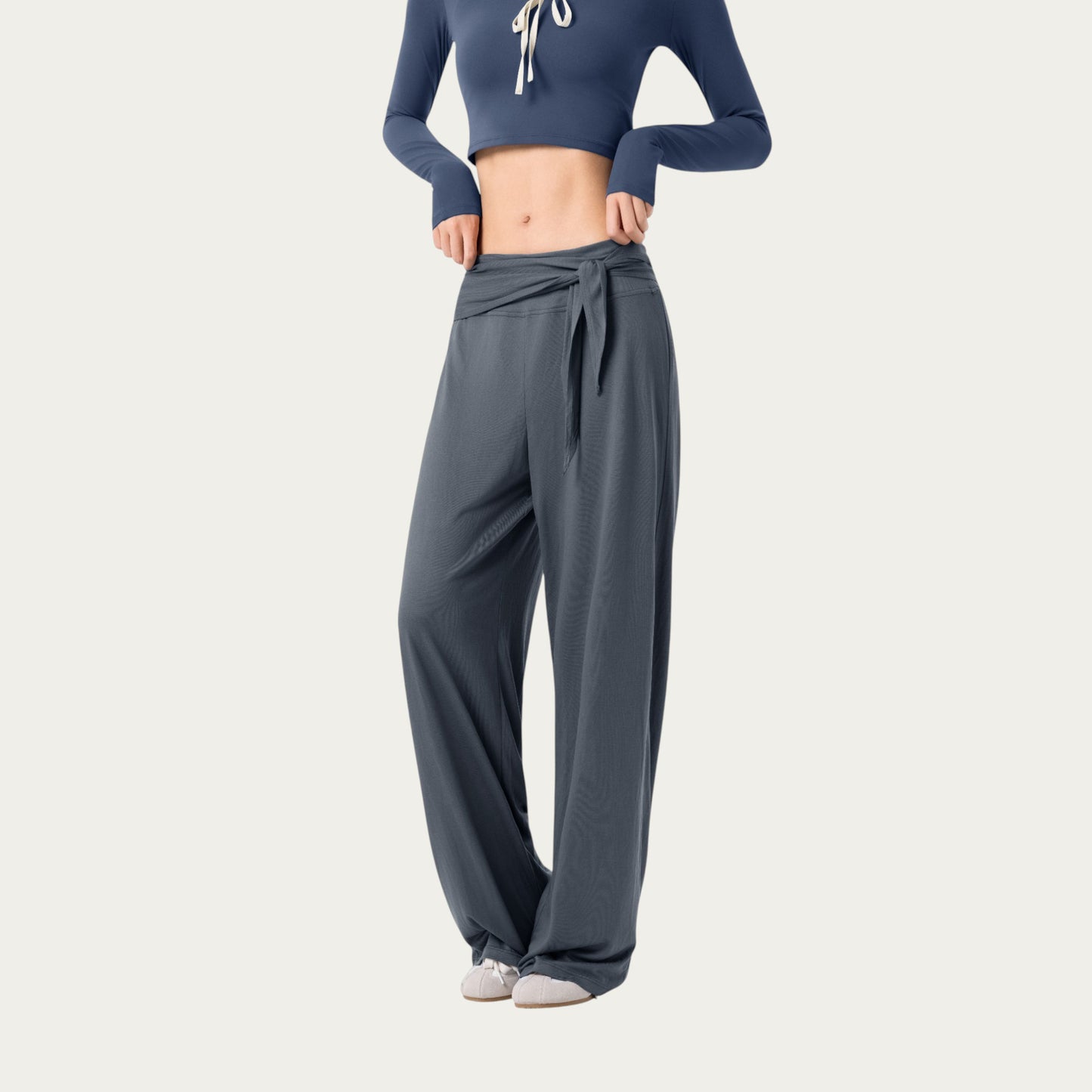 Wide Leg Lounge Pants with Wrap Tie Waistband and Relaxed High Waist Fit