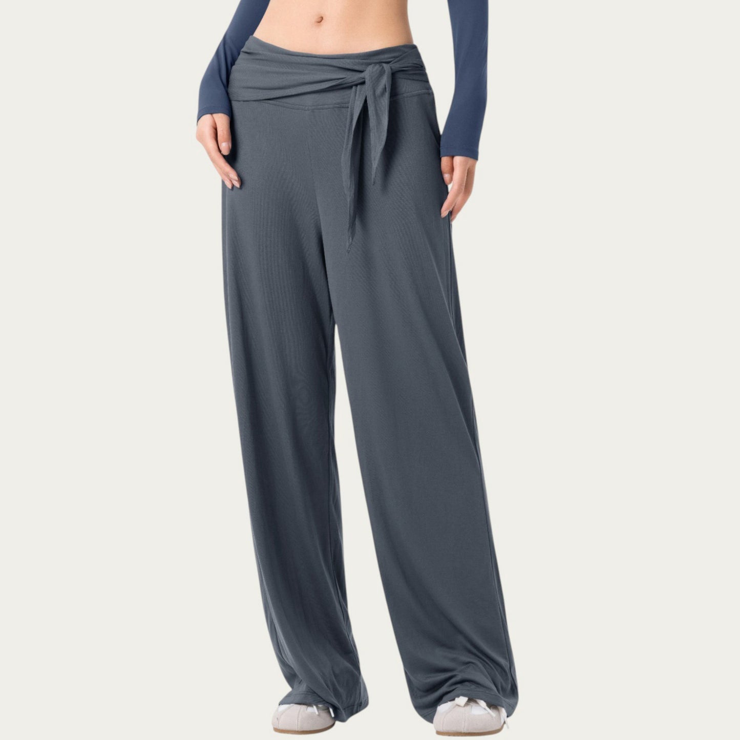 Wide Leg Lounge Pants with Wrap Tie Waistband and Relaxed High Waist Fit