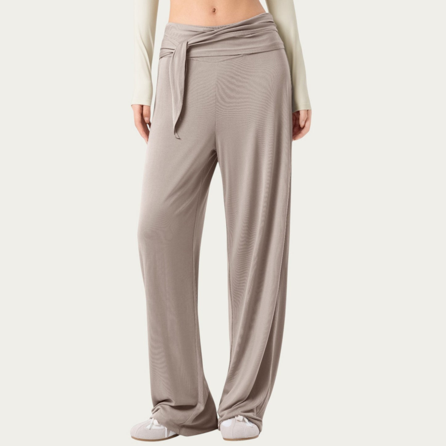Wide Leg Lounge Pants with Wrap Tie Waistband and Relaxed High Waist Fit