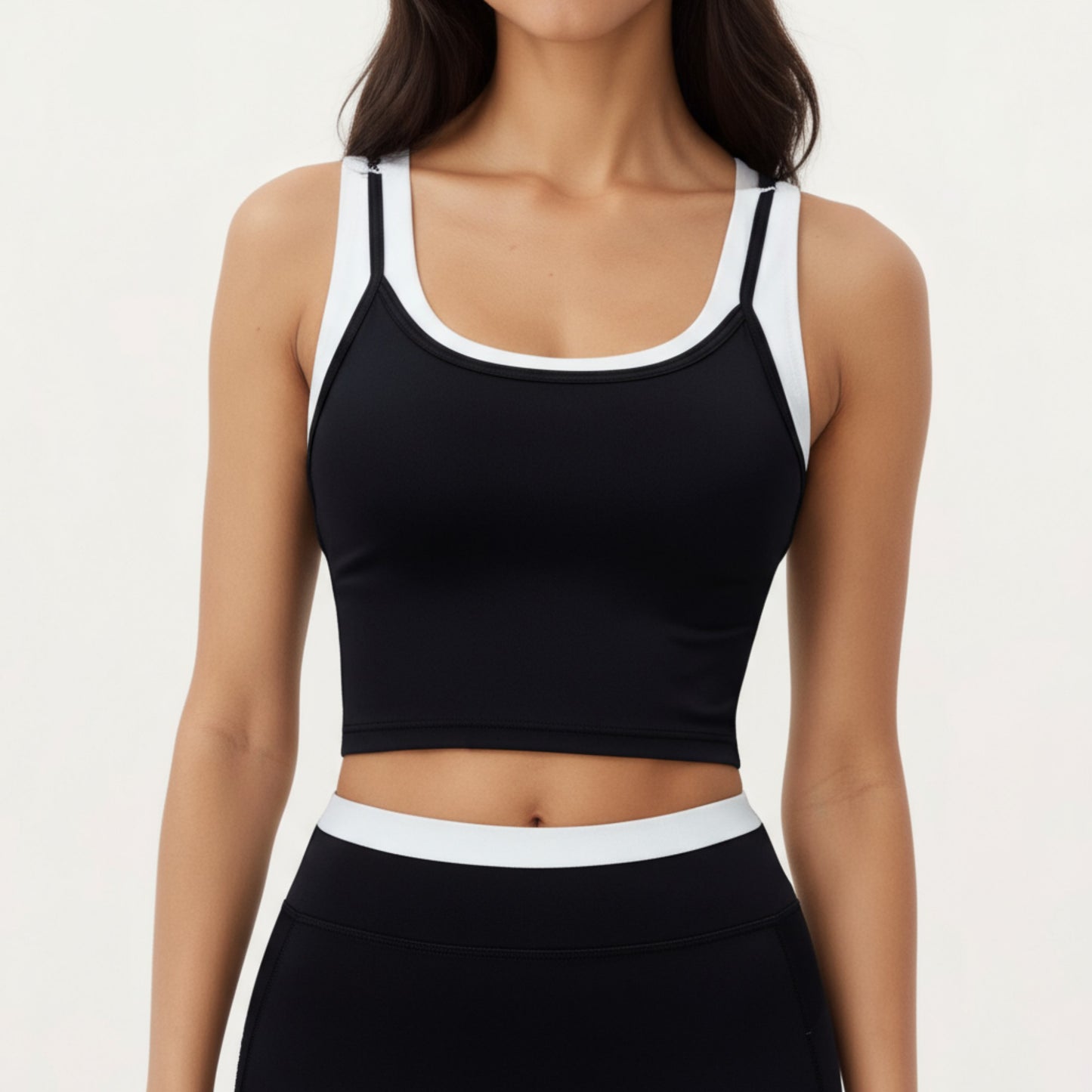 Fitted Scoop Neck Crop Athletic Tank Top with Contrast Trim Details and Supportive Stretch Performance Fabric