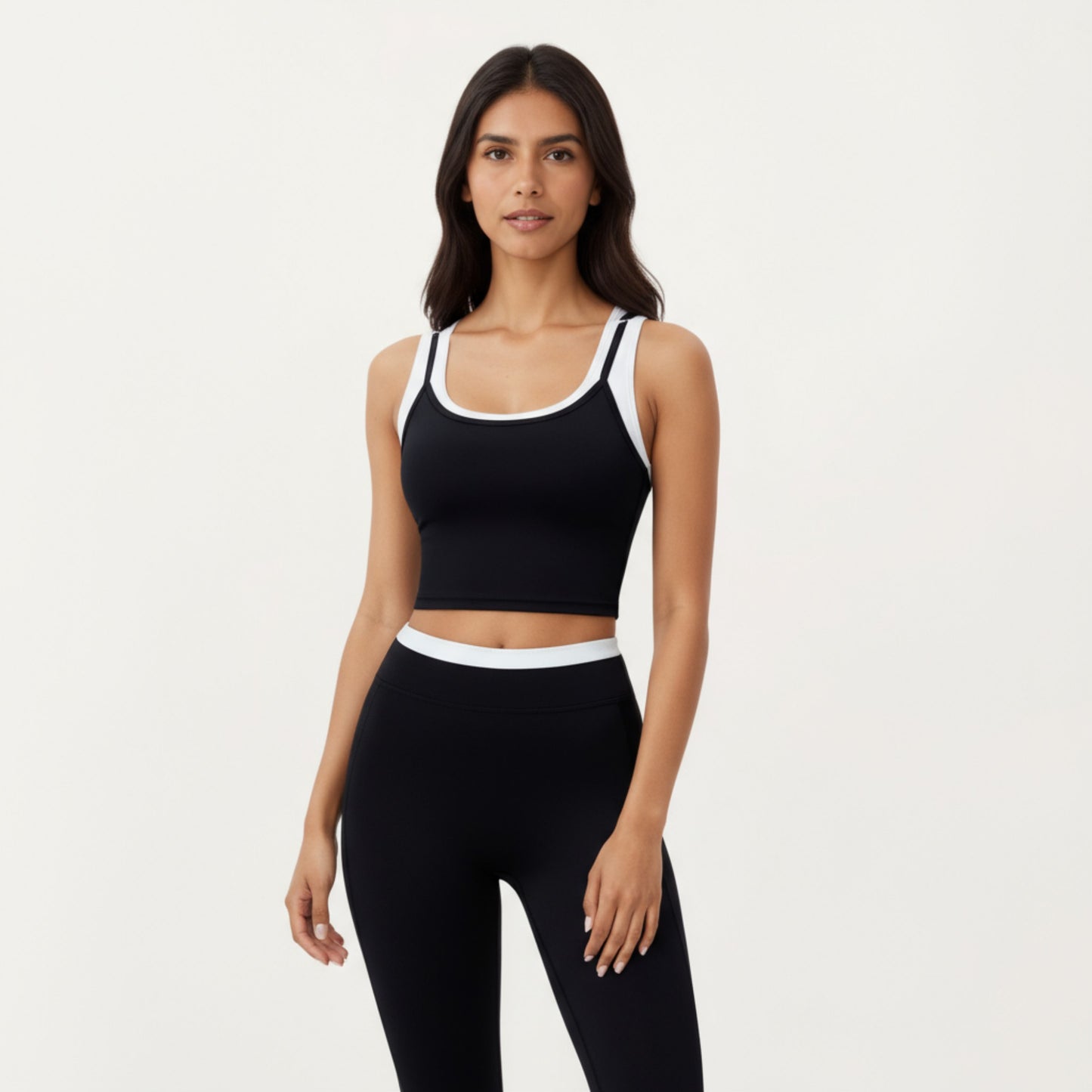 Fitted Scoop Neck Crop Athletic Tank Top with Contrast Trim Details and Supportive Stretch Performance Fabric