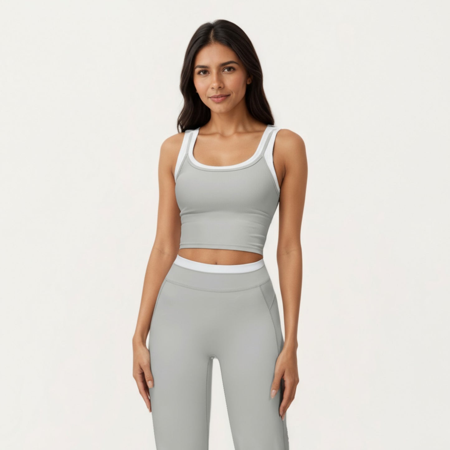 Fitted Scoop Neck Crop Athletic Tank Top with Contrast Trim Details and Supportive Stretch Performance Fabric