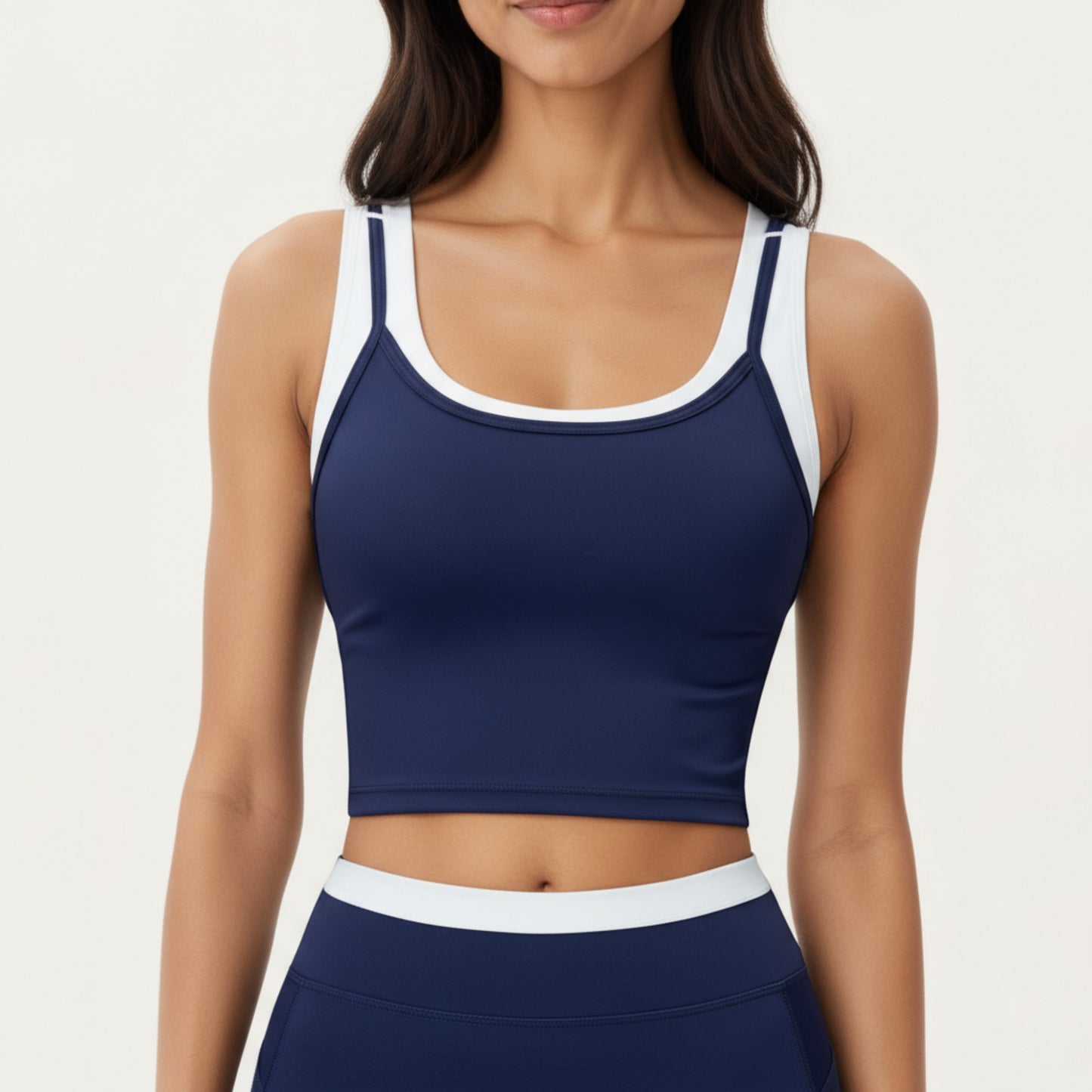 Fitted Scoop Neck Crop Athletic Tank Top with Contrast Trim Details and Supportive Stretch Performance Fabric