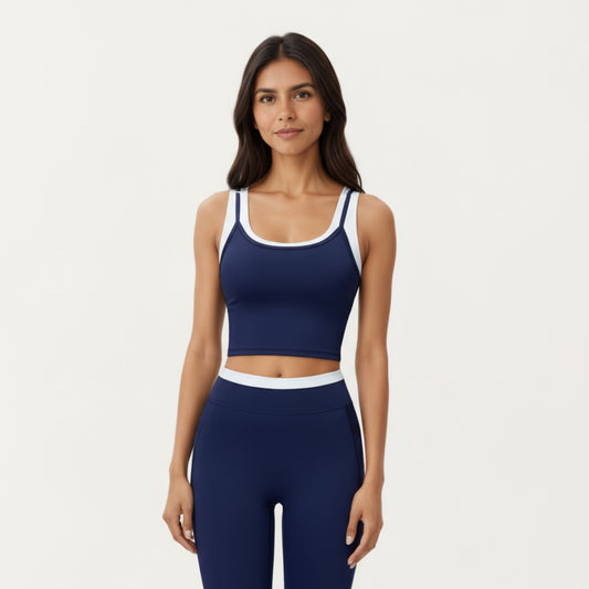 Fitted Scoop Neck Crop Athletic Tank Top with Contrast Trim Details and Supportive Stretch Performance Fabric