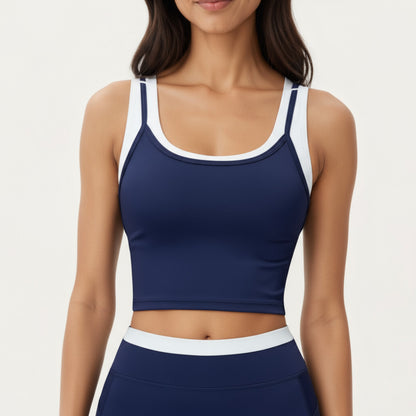 Fitted Scoop Neck Crop Athletic Tank Top with Contrast Trim Details and Supportive Stretch Performance Fabric