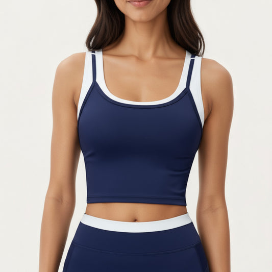 Fitted Scoop Neck Crop Athletic Tank Top with Contrast Trim Details and Supportive Stretch Performance Fabric