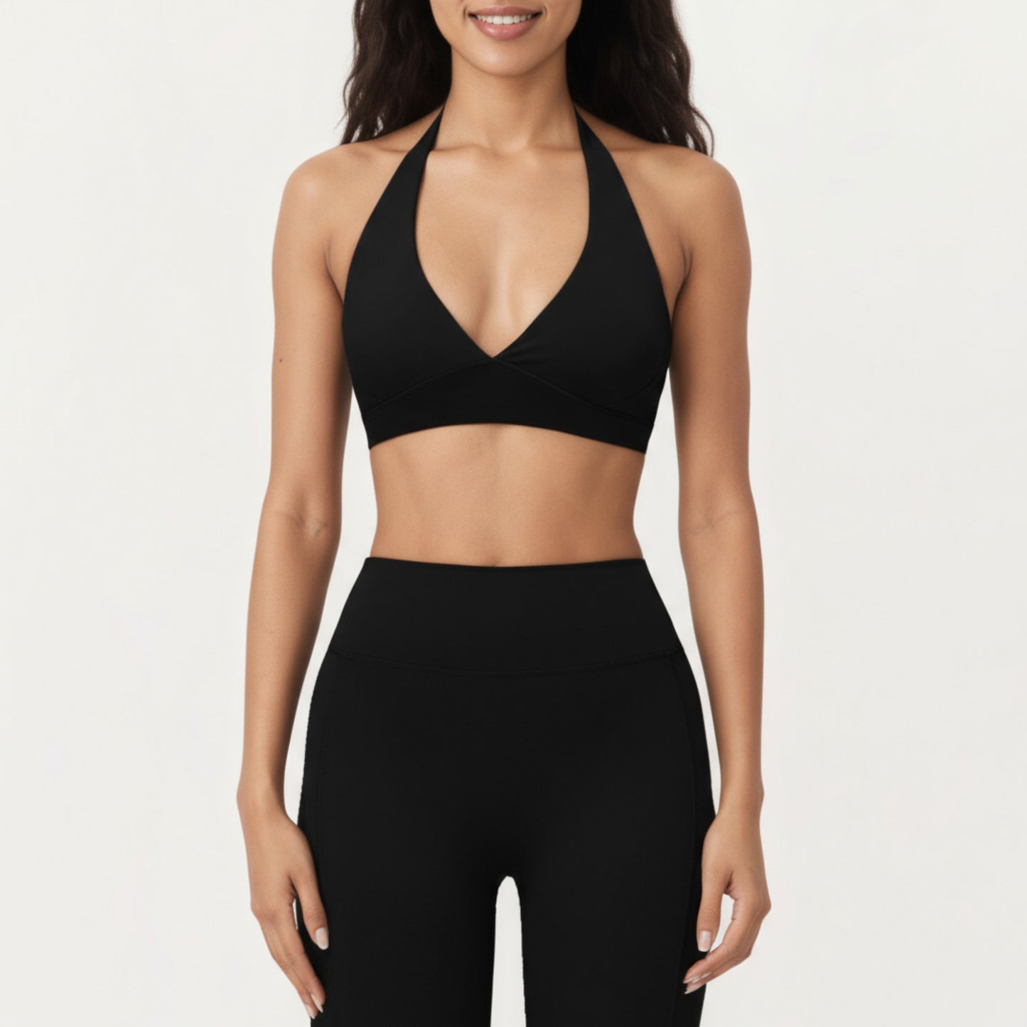 Halter Neck Sports Bra with Deep V-Front, Wide Underband Support and Smooth Stretch Fabric for a Flattering Active Fit