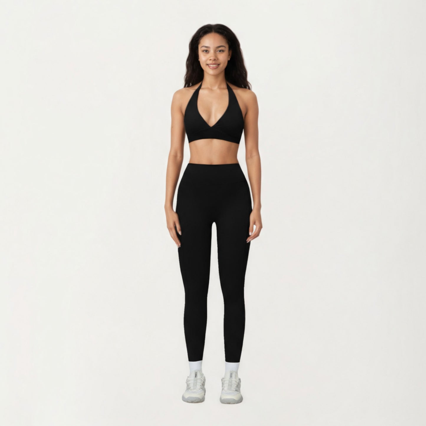 Halter Neck Sports Bra with Deep V-Front, Wide Underband Support and Smooth Stretch Fabric for a Flattering Active Fit