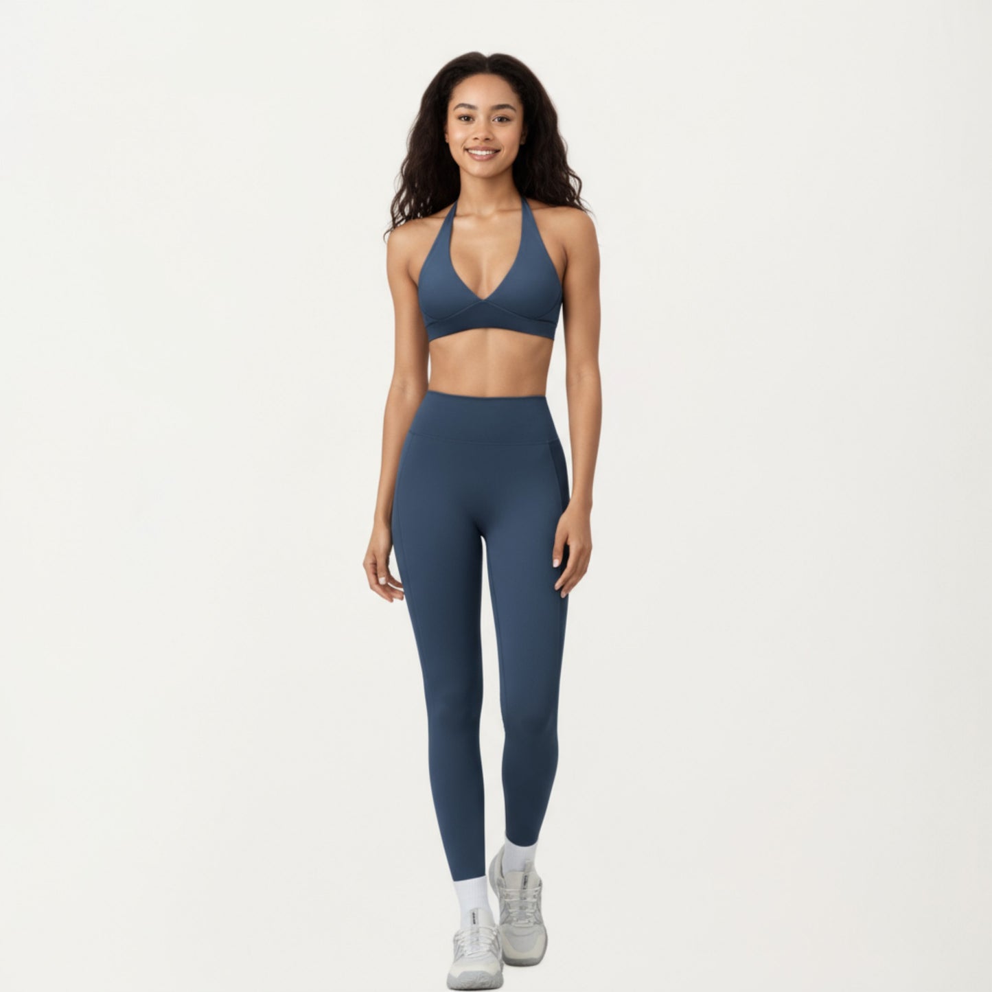 Halter Neck Sports Bra with Deep V-Front, Wide Underband Support and Smooth Stretch Fabric for a Flattering Active Fit