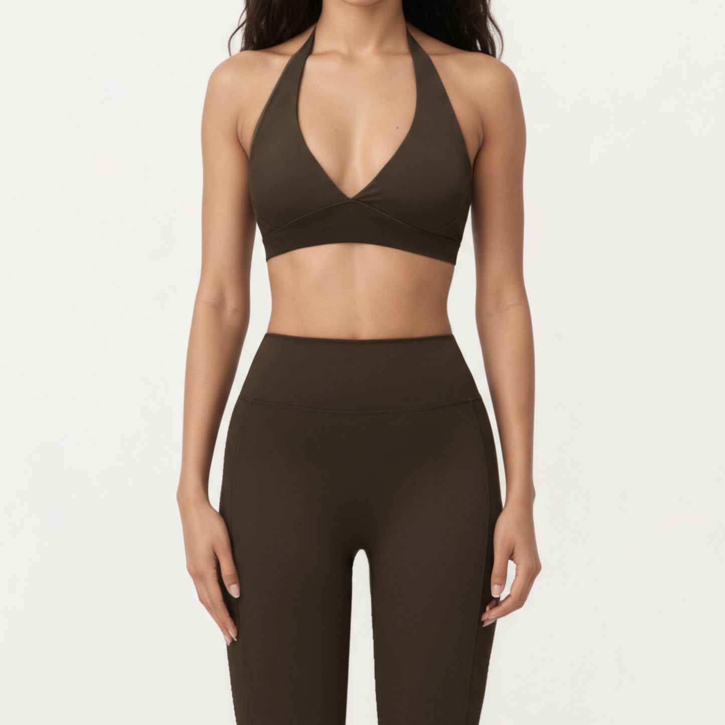 Halter Neck Sports Bra with Deep V-Front, Wide Underband Support and Smooth Stretch Fabric for a Flattering Active Fit