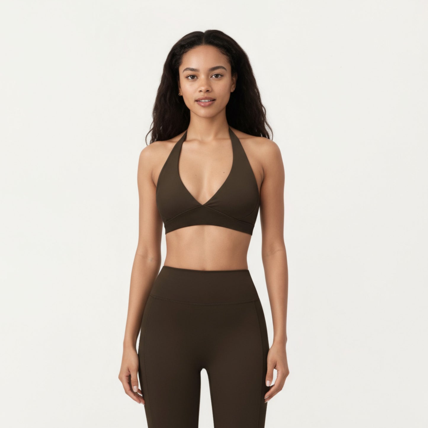 Halter Neck Sports Bra with Deep V-Front, Wide Underband Support and Smooth Stretch Fabric for a Flattering Active Fit