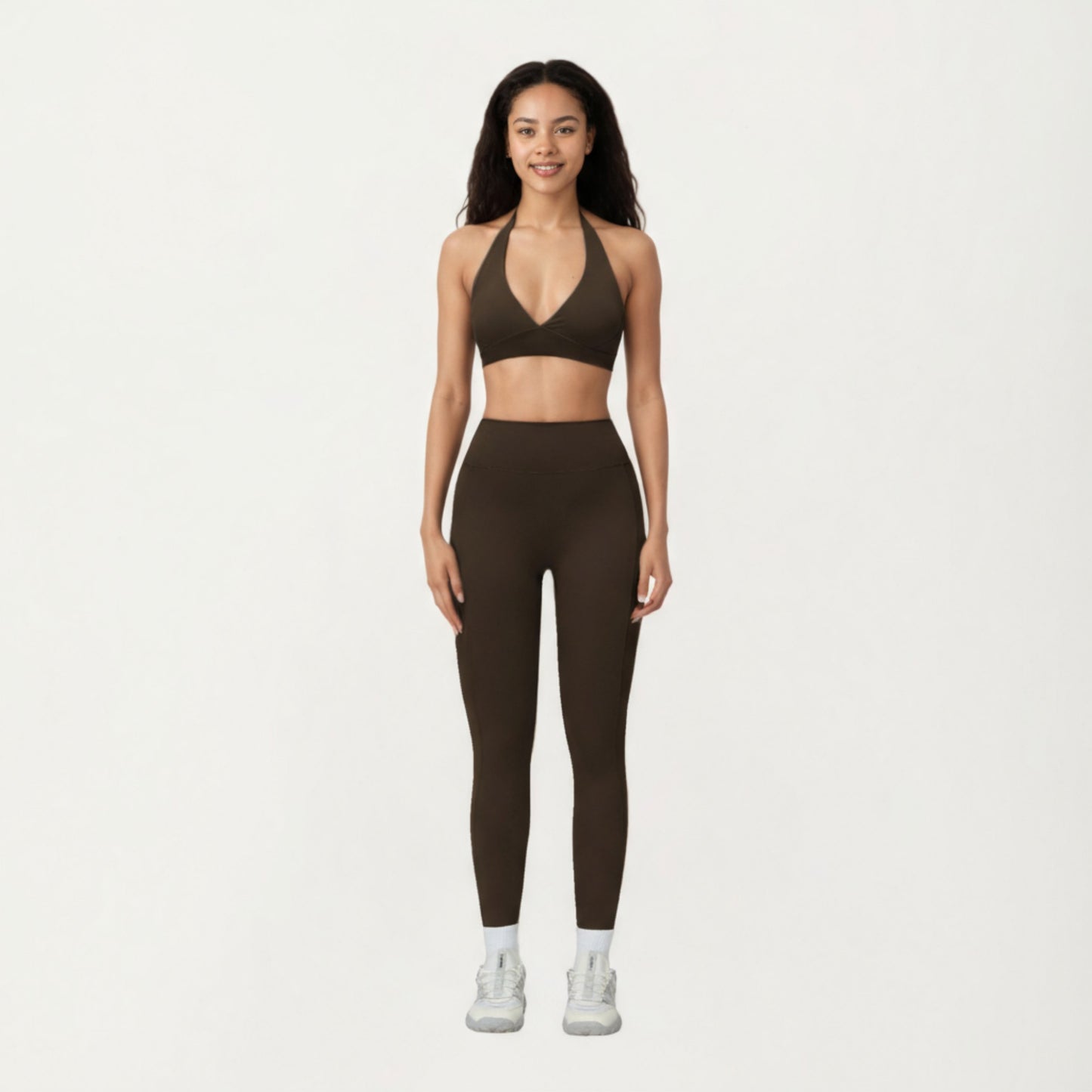 Halter Neck Sports Bra with Deep V-Front, Wide Underband Support and Smooth Stretch Fabric for a Flattering Active Fit