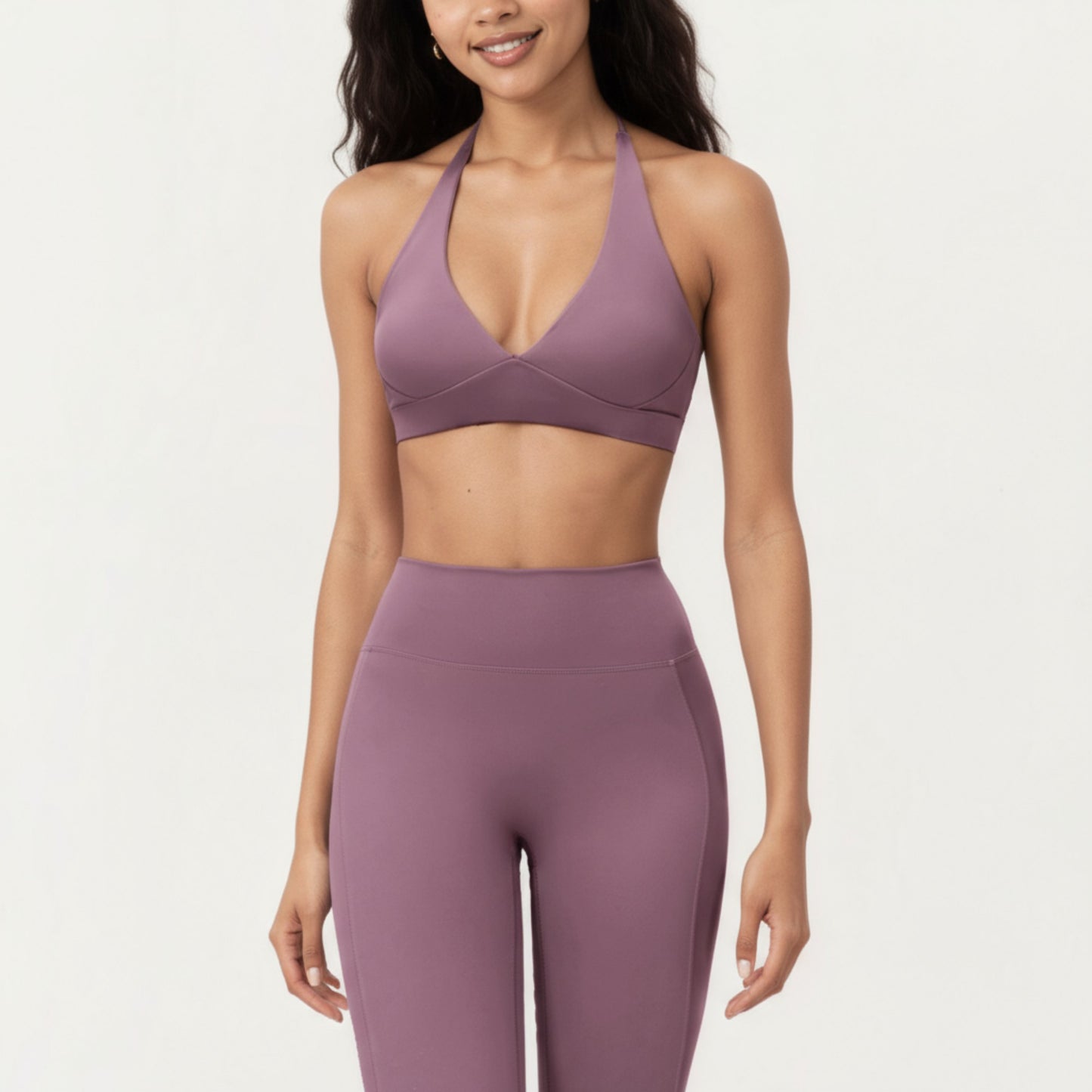 Halter Neck Sports Bra with Deep V-Front, Wide Underband Support and Smooth Stretch Fabric for a Flattering Active Fit