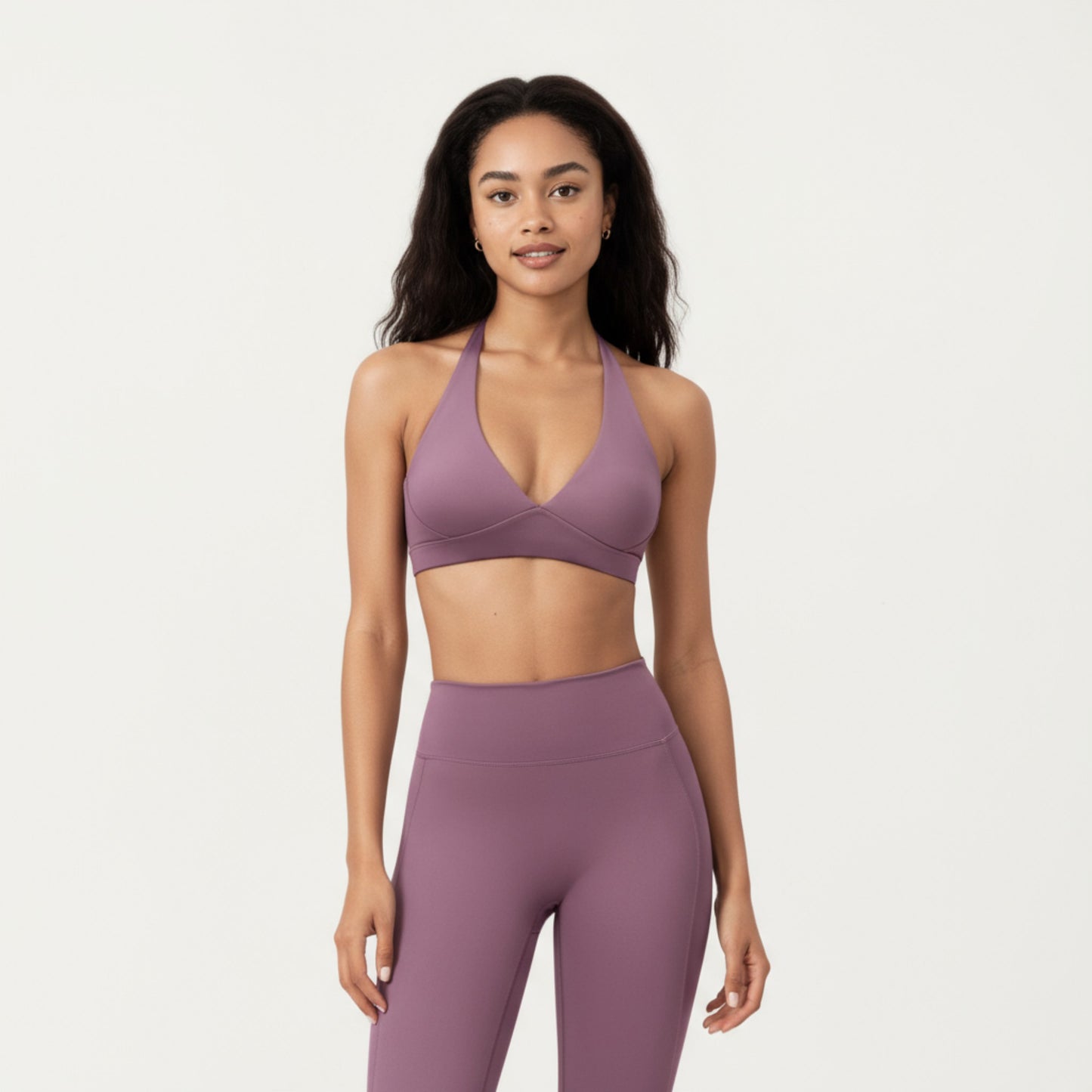 Halter Neck Sports Bra with Deep V-Front, Wide Underband Support and Smooth Stretch Fabric for a Flattering Active Fit