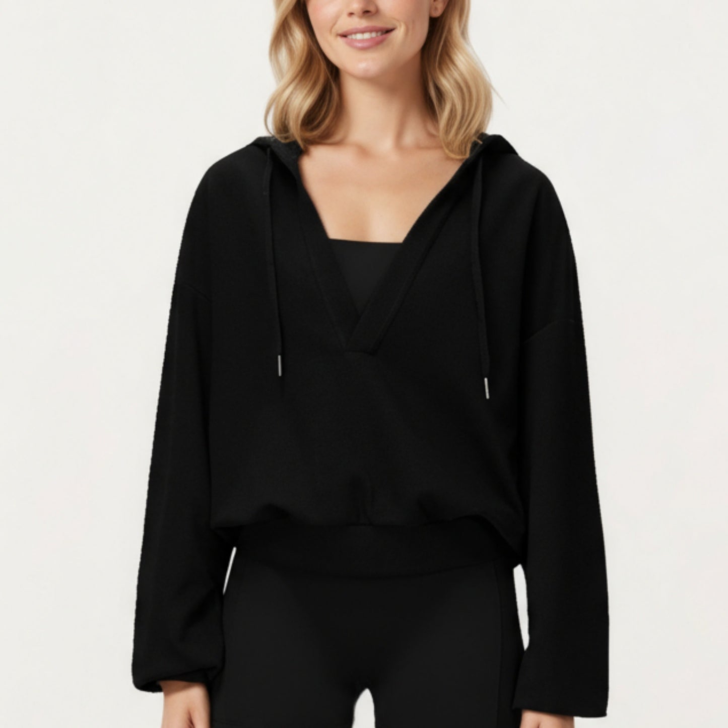 Waffle Knit Long Sleeve Active Hoodie Top with Deep V-Neckline Relaxed Fit and Soft Stretch Texture for Everyday Comfort