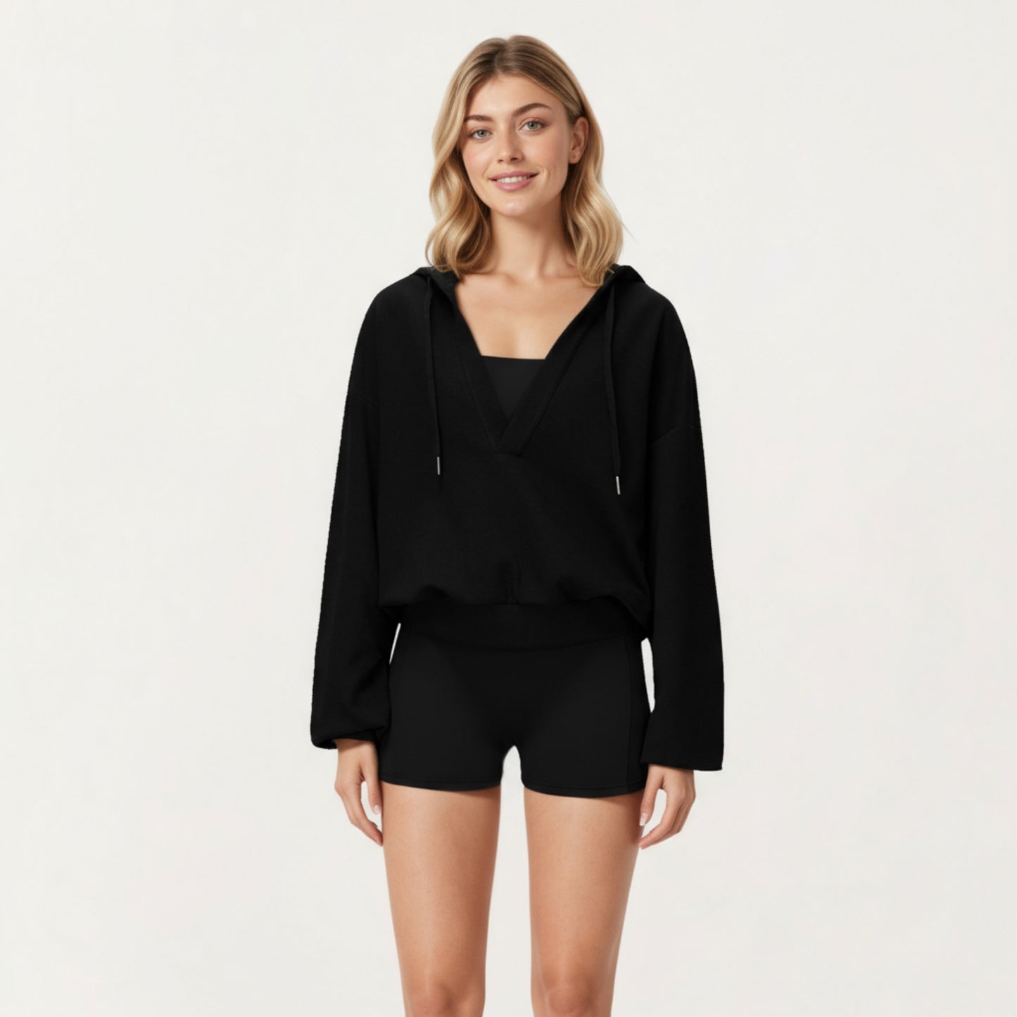 Waffle Knit Long Sleeve Active Hoodie Top with Deep V-Neckline Relaxed Fit and Soft Stretch Texture for Everyday Comfort