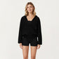 Waffle Knit Long Sleeve Active Hoodie Top with Deep V-Neckline Relaxed Fit and Soft Stretch Texture for Everyday Comfort