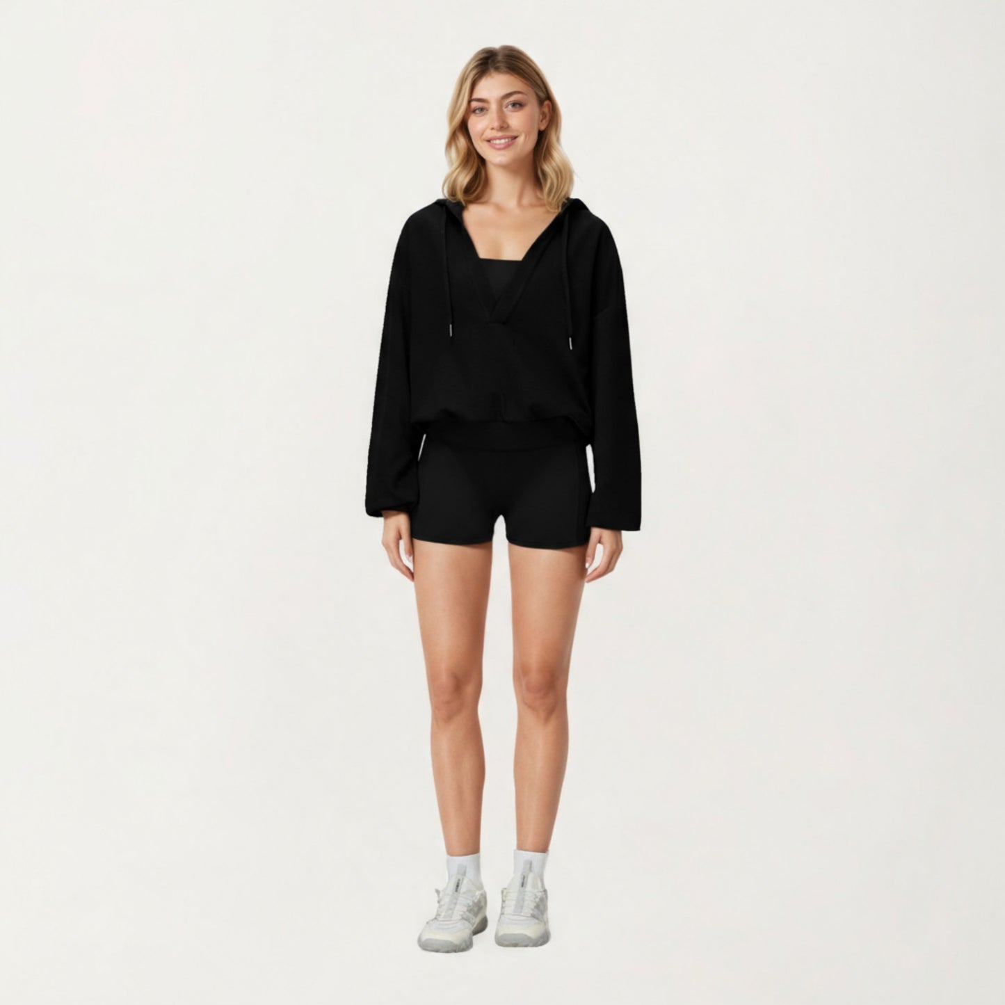 Waffle Knit Long Sleeve Active Hoodie Top with Deep V-Neckline Relaxed Fit and Soft Stretch Texture for Everyday Comfort