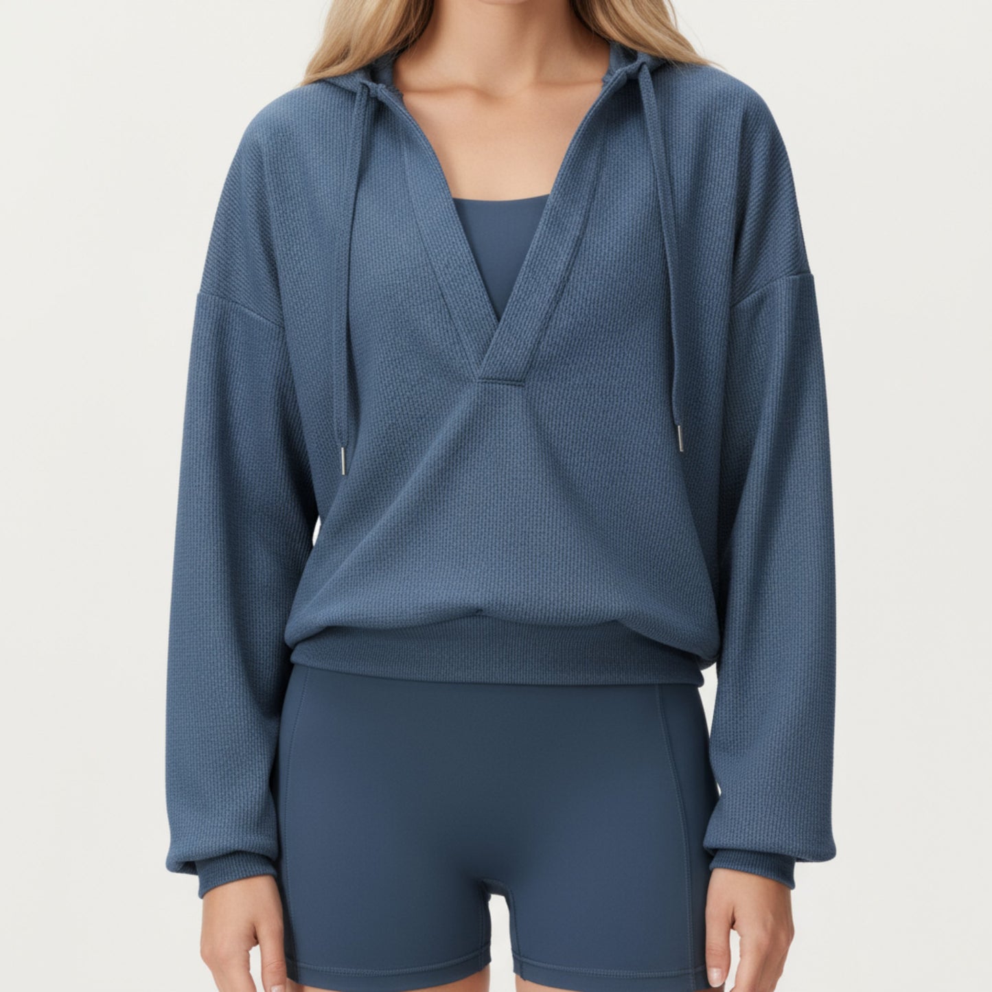 Waffle Knit Long Sleeve Active Hoodie Top with Deep V-Neckline Relaxed Fit and Soft Stretch Texture for Everyday Comfort