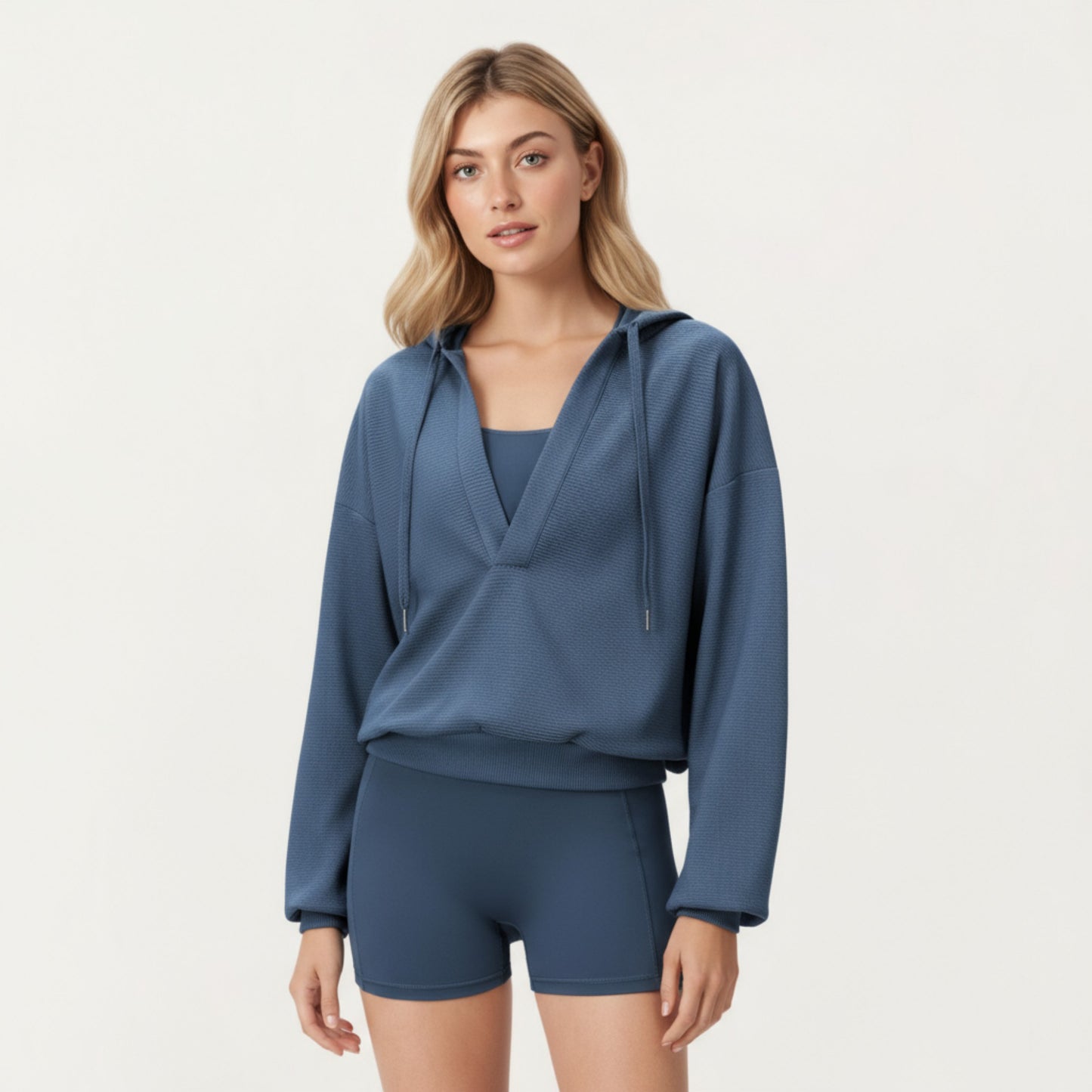 Waffle Knit Long Sleeve Active Hoodie Top with Deep V-Neckline Relaxed Fit and Soft Stretch Texture for Everyday Comfort