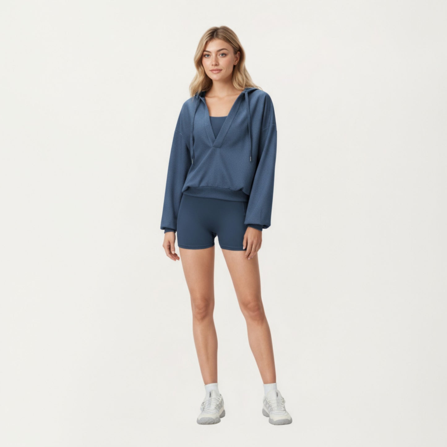 Waffle Knit Long Sleeve Active Hoodie Top with Deep V-Neckline Relaxed Fit and Soft Stretch Texture for Everyday Comfort
