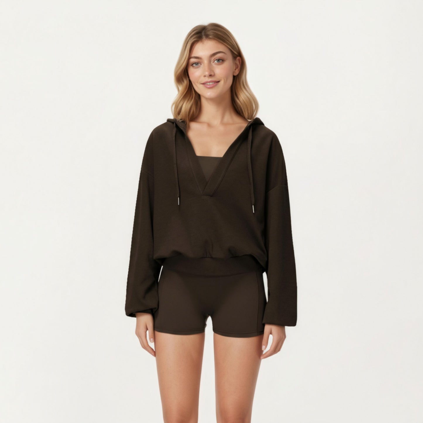 Waffle Knit Long Sleeve Active Hoodie Top with Deep V-Neckline Relaxed Fit and Soft Stretch Texture for Everyday Comfort