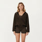 Waffle Knit Long Sleeve Active Hoodie Top with Deep V-Neckline Relaxed Fit and Soft Stretch Texture for Everyday Comfort