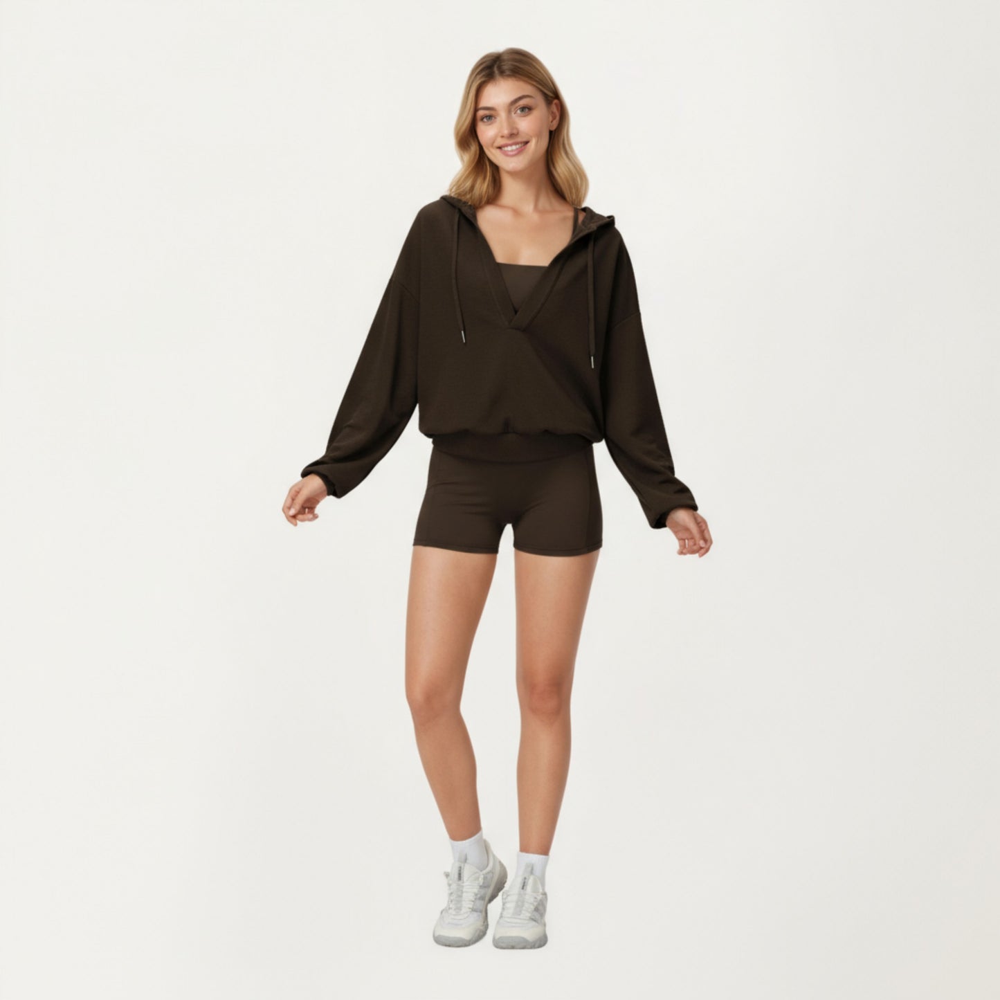 Waffle Knit Long Sleeve Active Hoodie Top with Deep V-Neckline Relaxed Fit and Soft Stretch Texture for Everyday Comfort