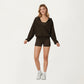 Waffle Knit Long Sleeve Active Hoodie Top with Deep V-Neckline Relaxed Fit and Soft Stretch Texture for Everyday Comfort