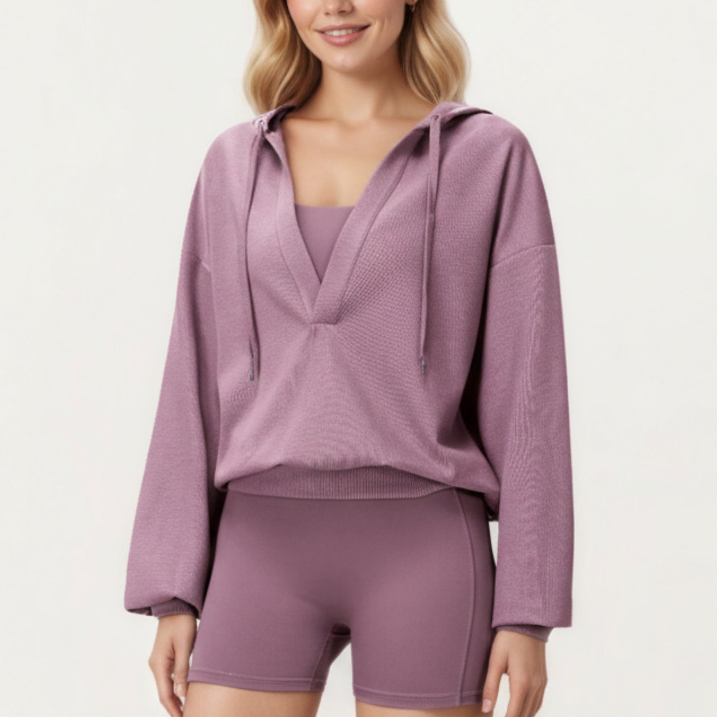 Waffle Knit Long Sleeve Active Hoodie Top with Deep V-Neckline Relaxed Fit and Soft Stretch Texture for Everyday Comfort