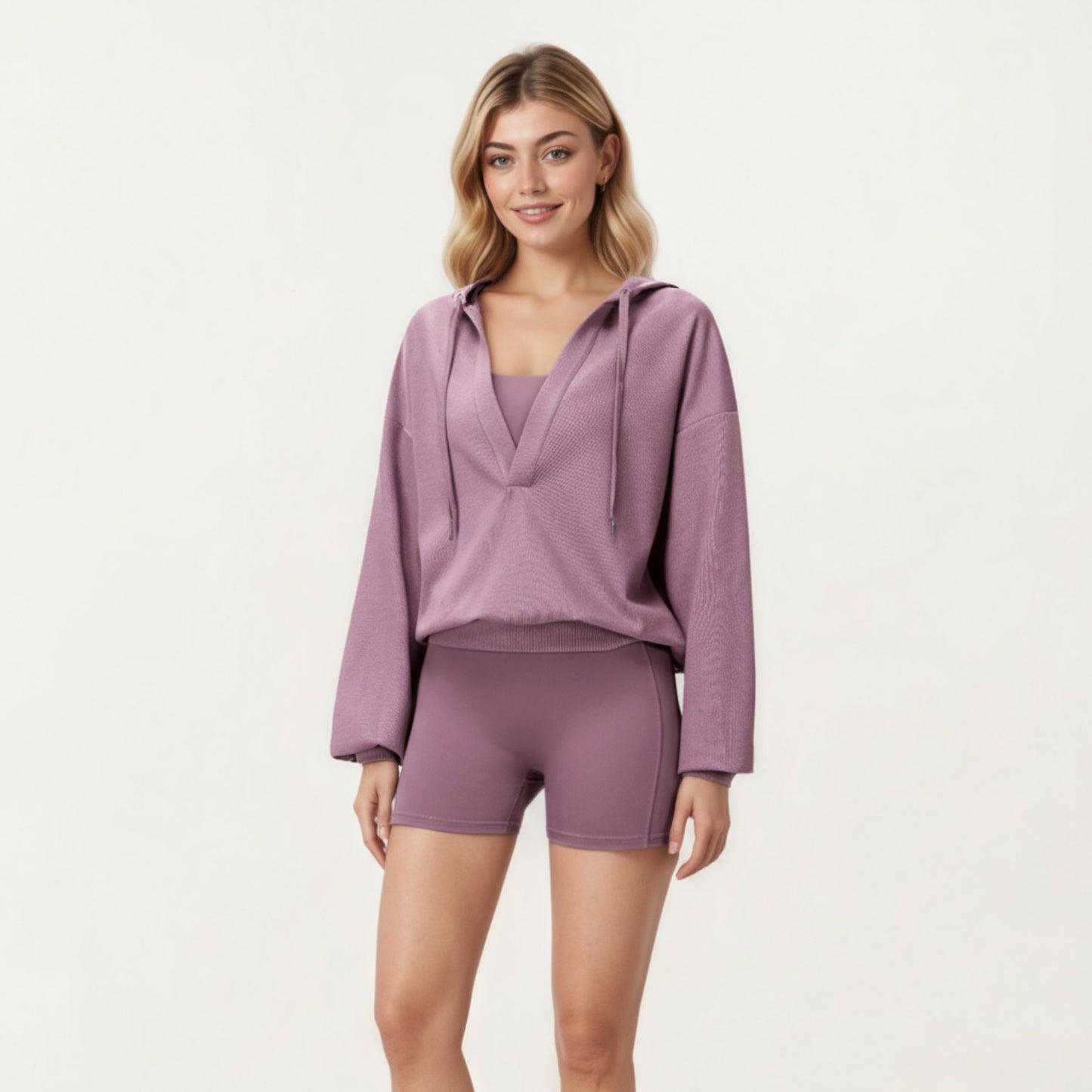 Waffle Knit Long Sleeve Active Hoodie Top with Deep V-Neckline Relaxed Fit and Soft Stretch Texture for Everyday Comfort