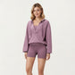 Waffle Knit Long Sleeve Active Hoodie Top with Deep V-Neckline Relaxed Fit and Soft Stretch Texture for Everyday Comfort