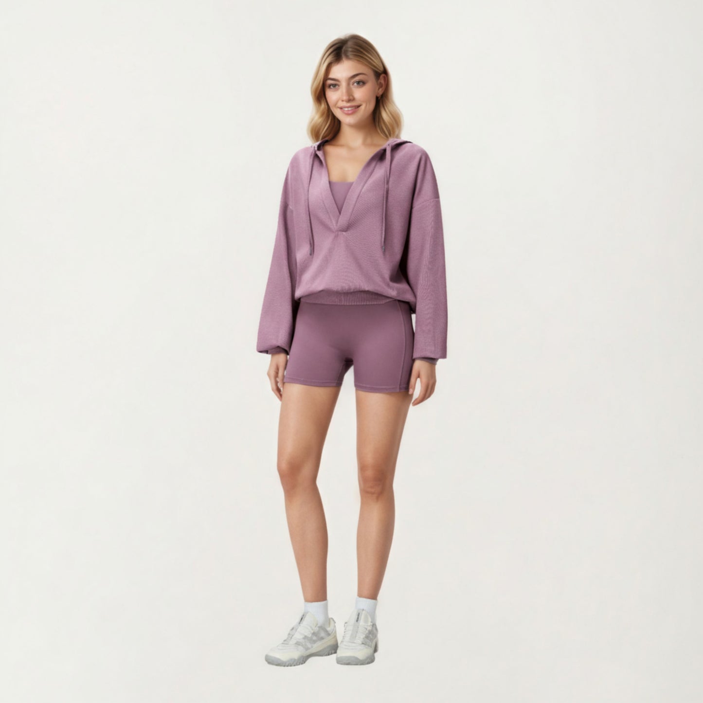 Waffle Knit Long Sleeve Active Hoodie Top with Deep V-Neckline Relaxed Fit and Soft Stretch Texture for Everyday Comfort