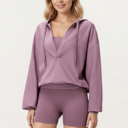 Waffle Knit Long Sleeve Active Hoodie Top with Deep V-Neckline Relaxed Fit and Soft Stretch Texture for Everyday Comfort