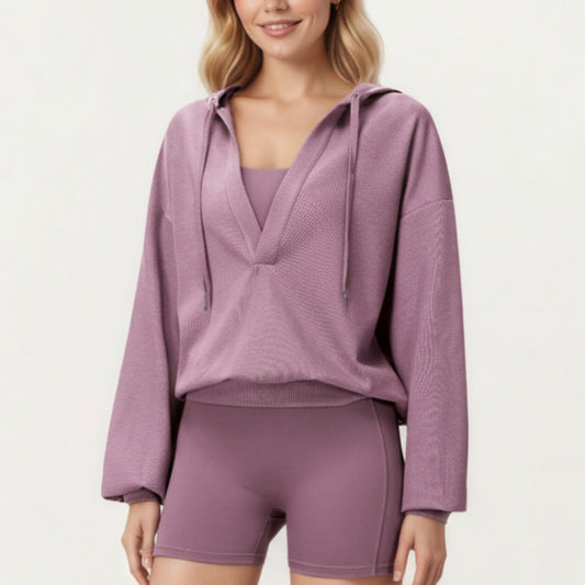 Waffle Knit Long Sleeve Active Hoodie Top with Deep V-Neckline Relaxed Fit and Soft Stretch Texture for Everyday Comfort