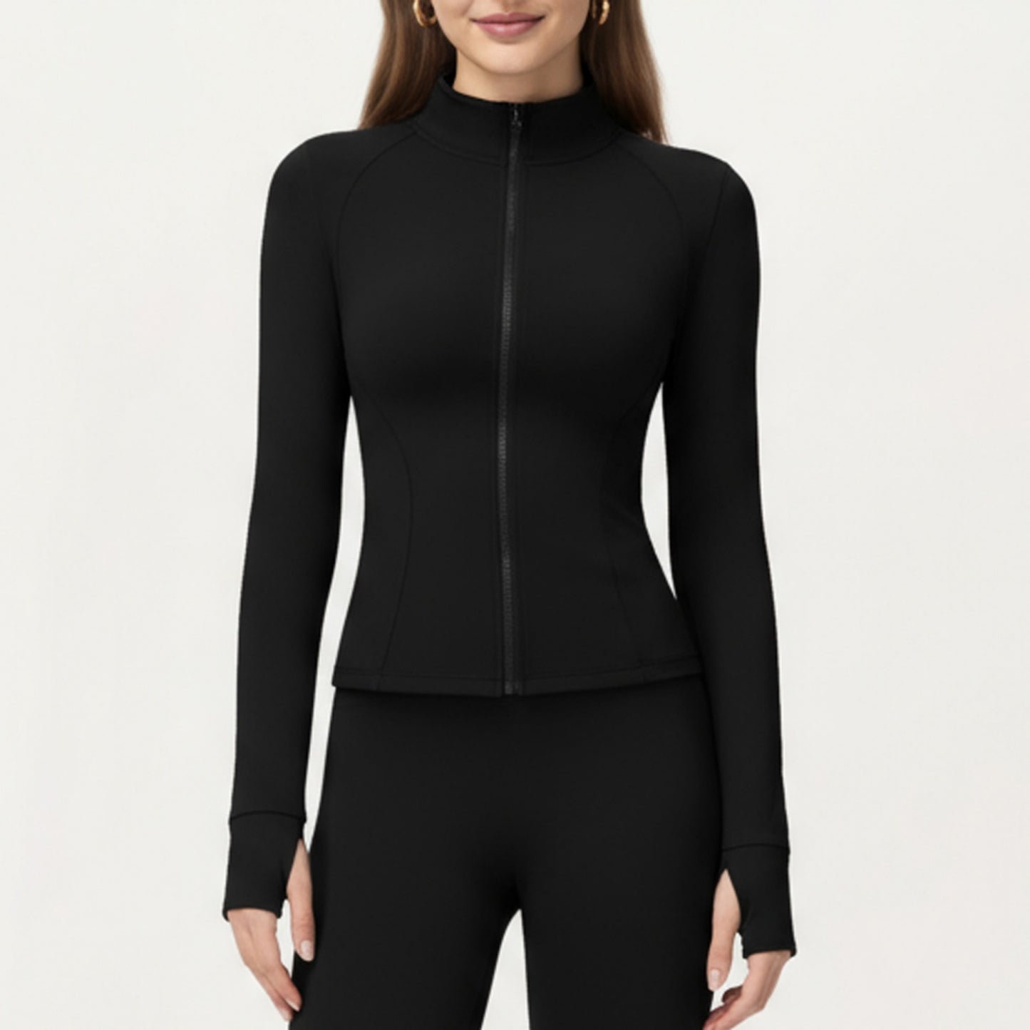 Long Sleeve Active Jacket with Front Zip Closure Smooth Stretch Fabric and Contoured Seam Detailing for Sleek Fit