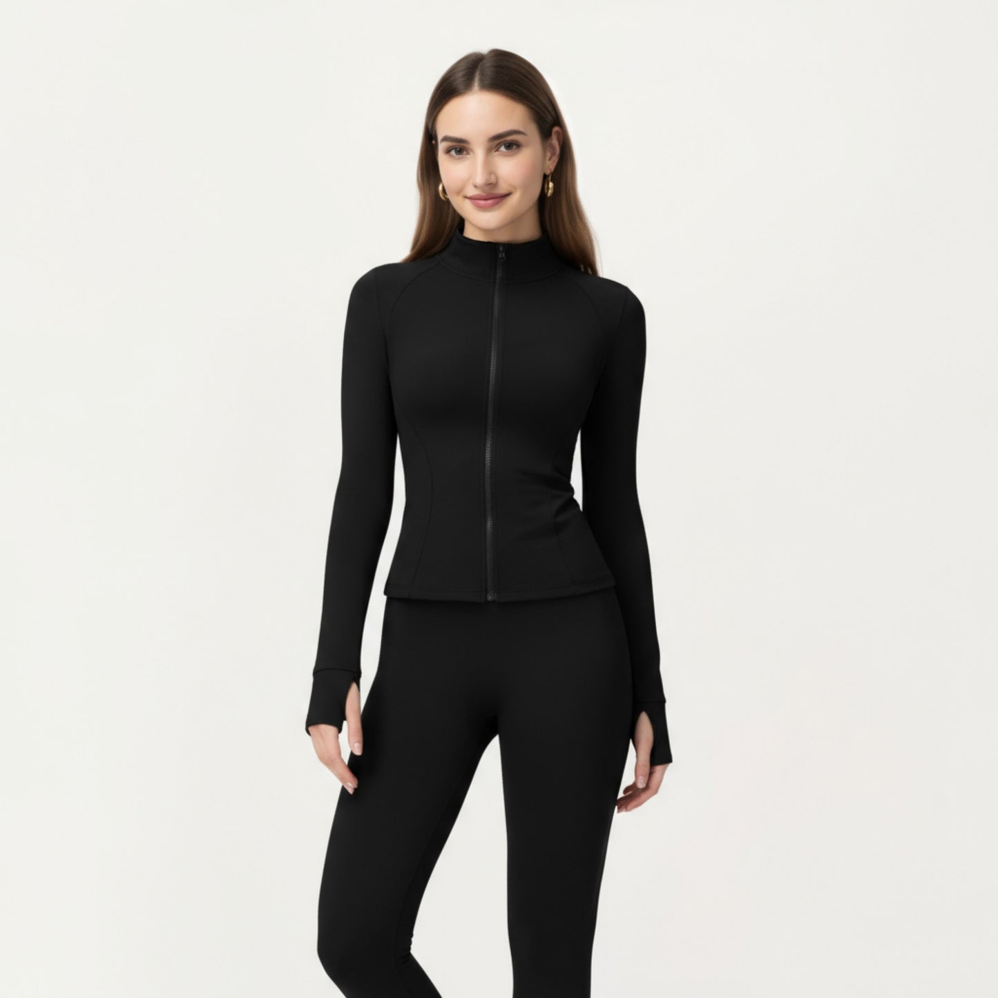 Long Sleeve Active Jacket with Front Zip Closure Smooth Stretch Fabric and Contoured Seam Detailing for Sleek Fit