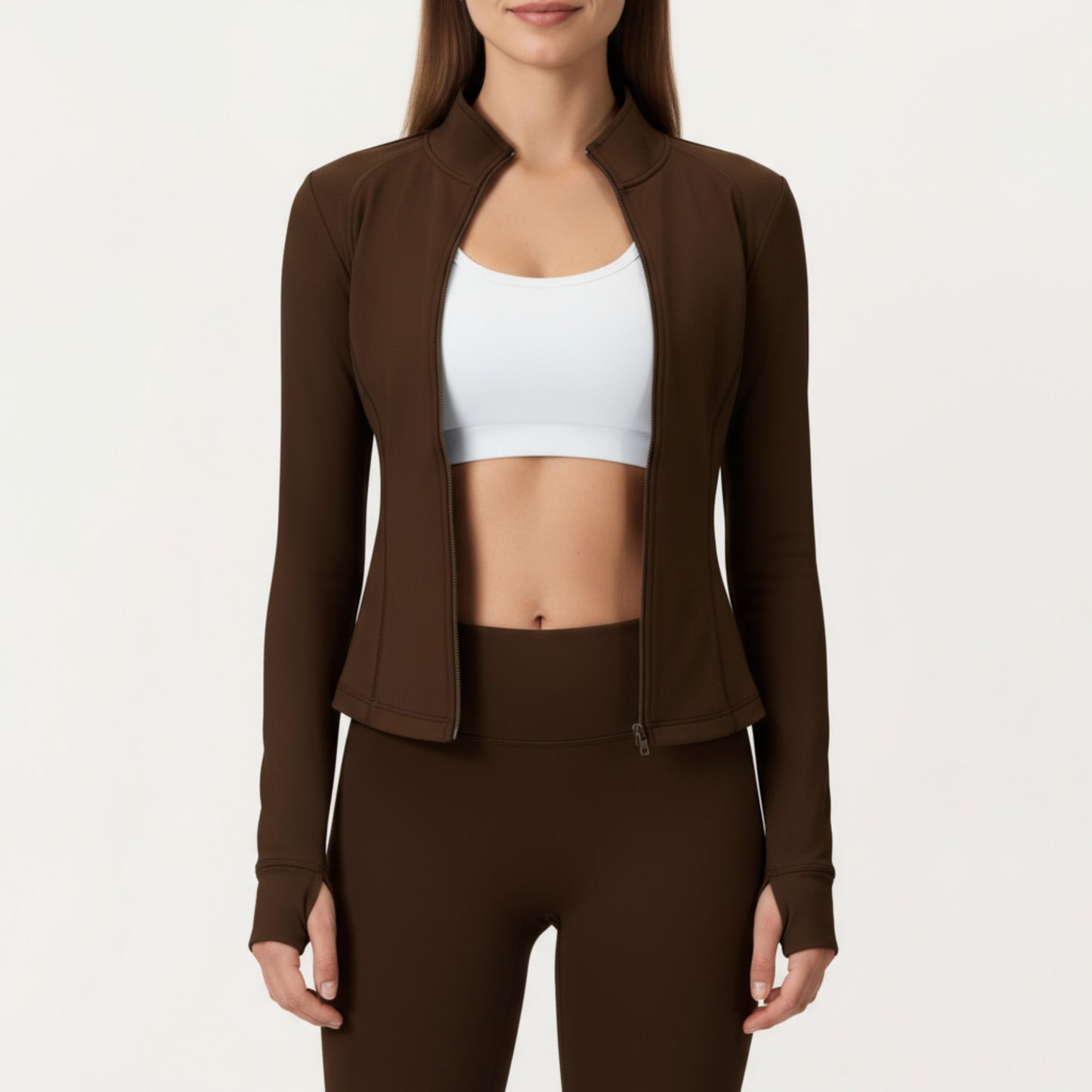 Long Sleeve Active Jacket with Front Zip Closure Smooth Stretch Fabric and Contoured Seam Detailing for Sleek Fit