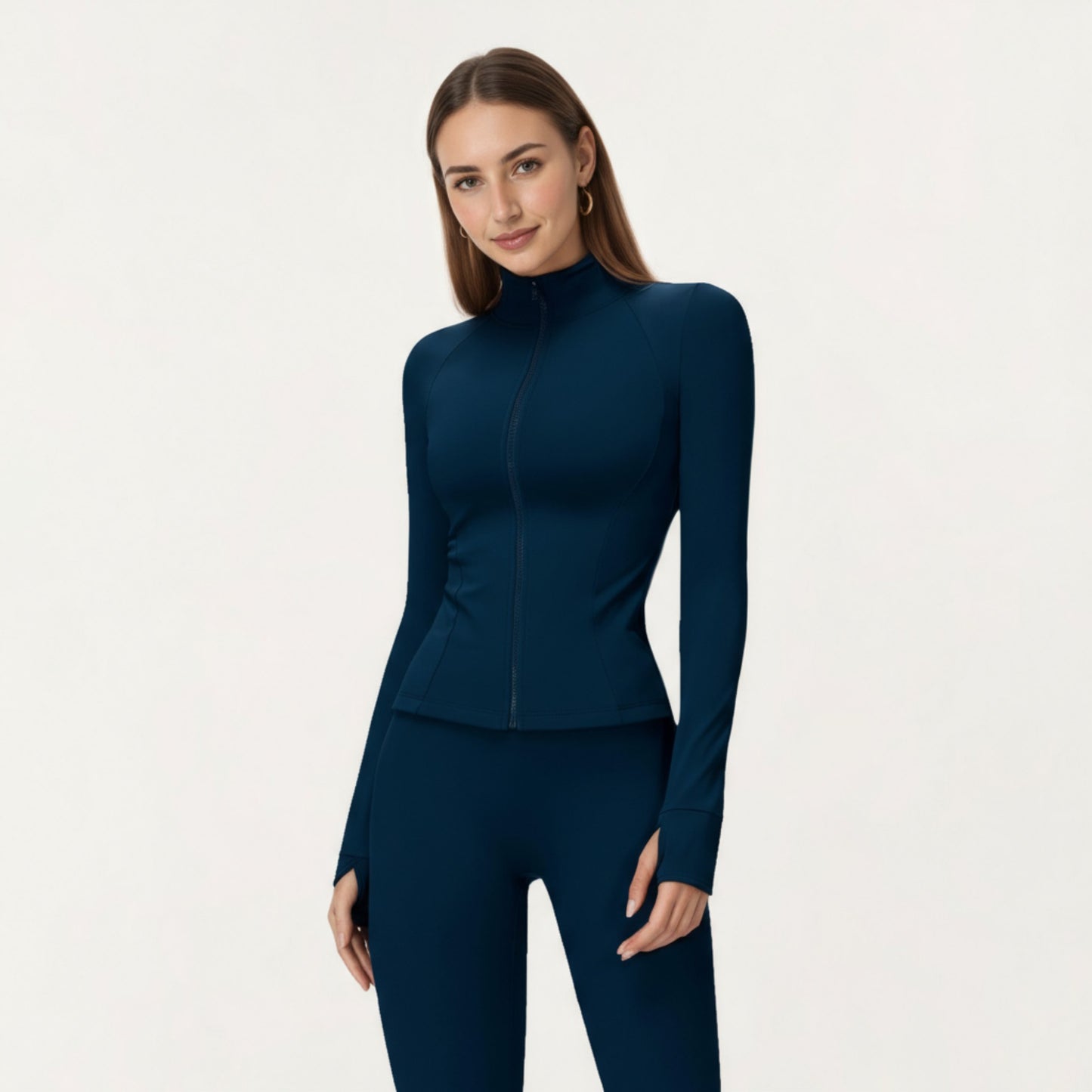 Long Sleeve Active Jacket with Front Zip Closure Smooth Stretch Fabric and Contoured Seam Detailing for Sleek Fit